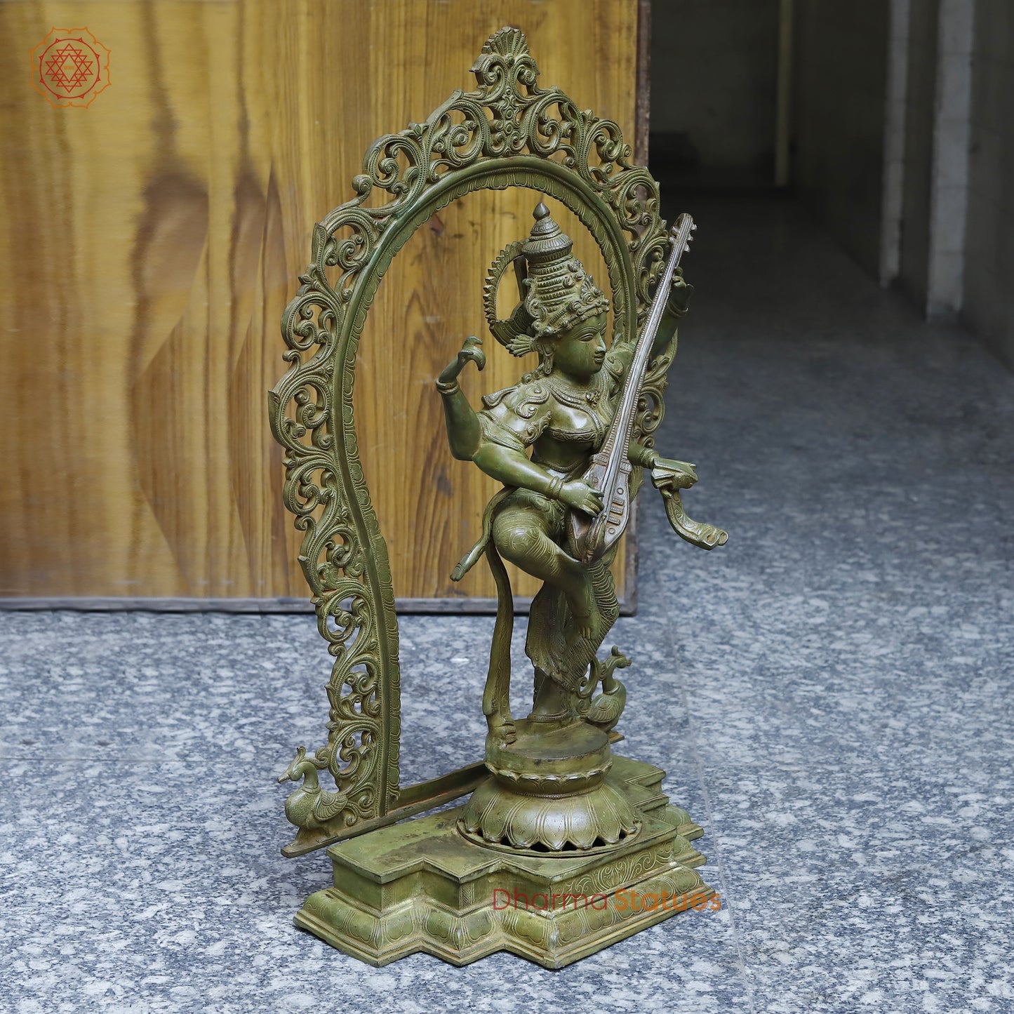 Brass Saraswati in Dancing posture with Frame, Antique Green Finish, 32"
