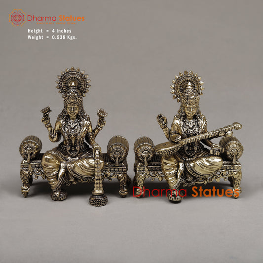 Brass Lakshmi & Saraswati Seated on a Throne, Golden Finish 4"