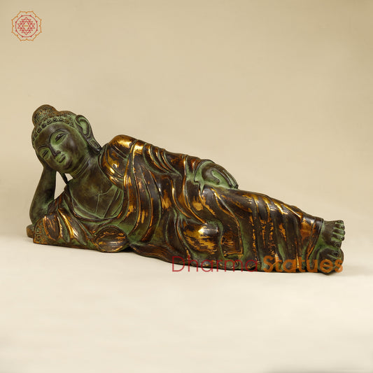 Brass Buddha in Resting Posture, Antique & Golden Finish, 11"