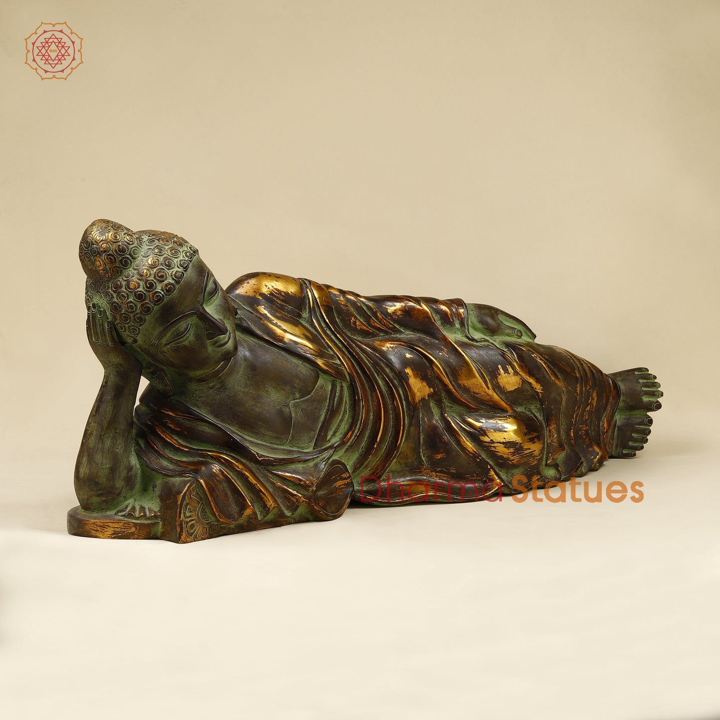 Brass Buddha in Resting Posture, Antique & Golden Finish, 11"