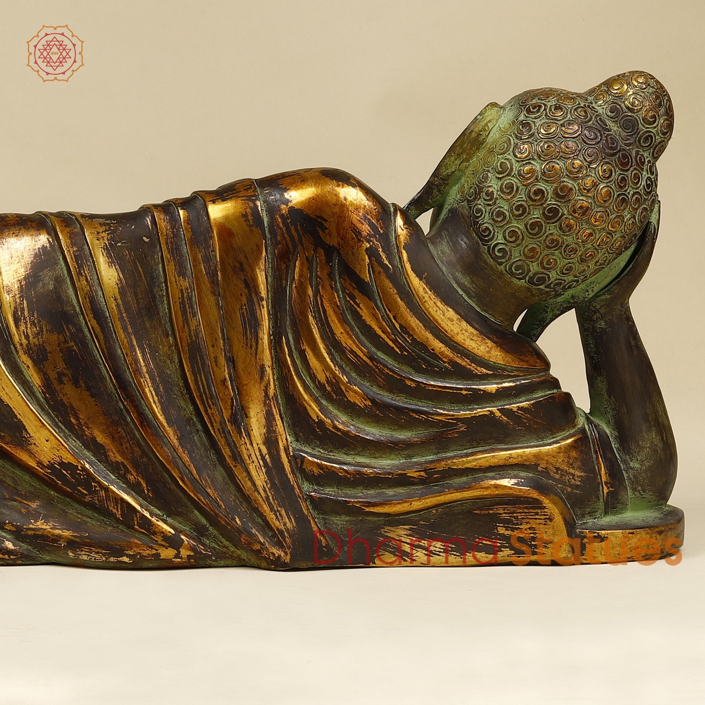 Brass Buddha in Resting Posture, Antique & Golden Finish, 11"