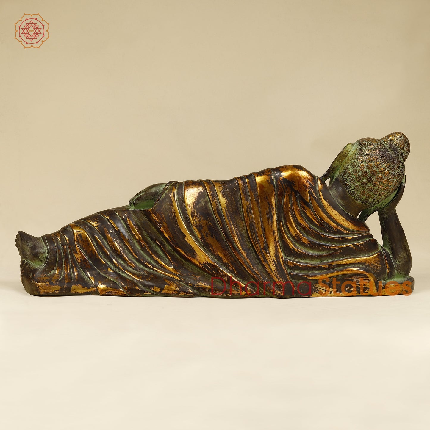 Brass Buddha in Resting Posture, Antique & Golden Finish, 11"