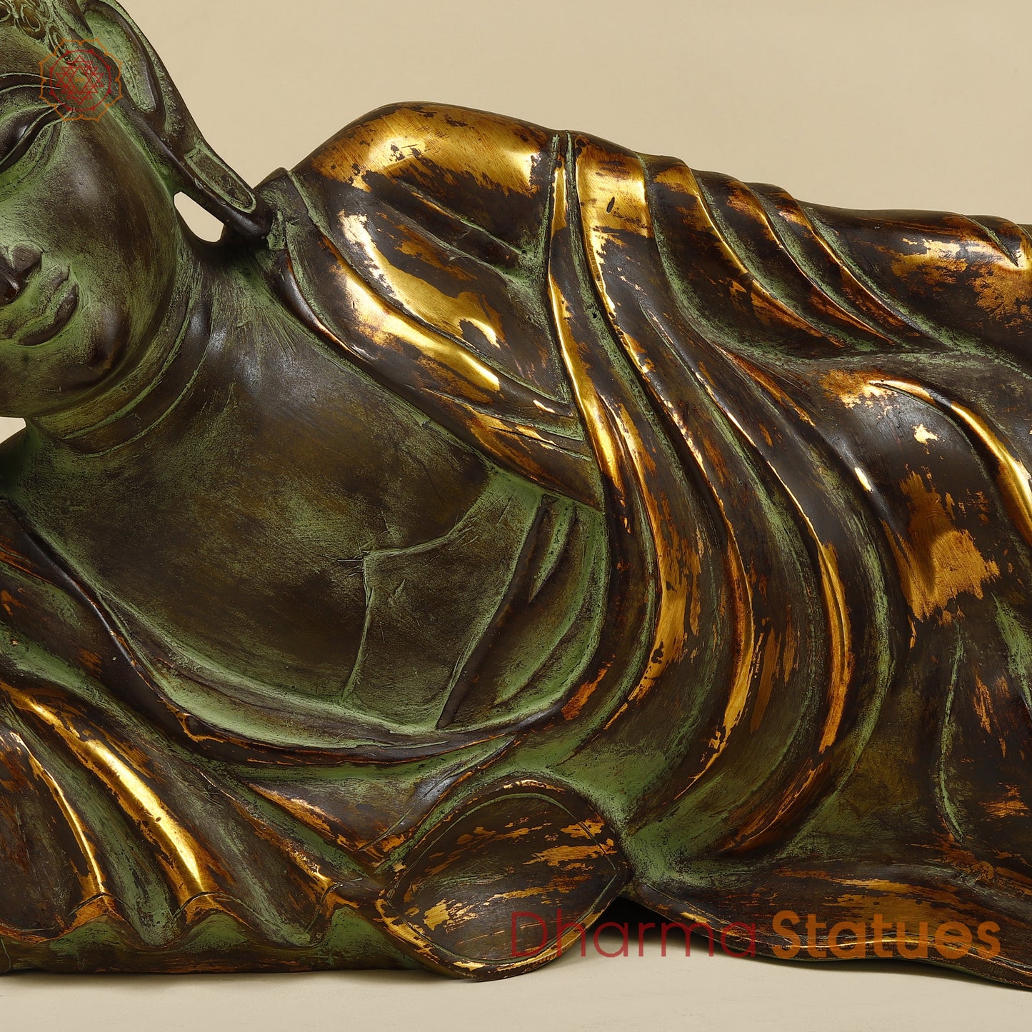 Brass Buddha in Resting Posture, Antique & Golden Finish, 11"