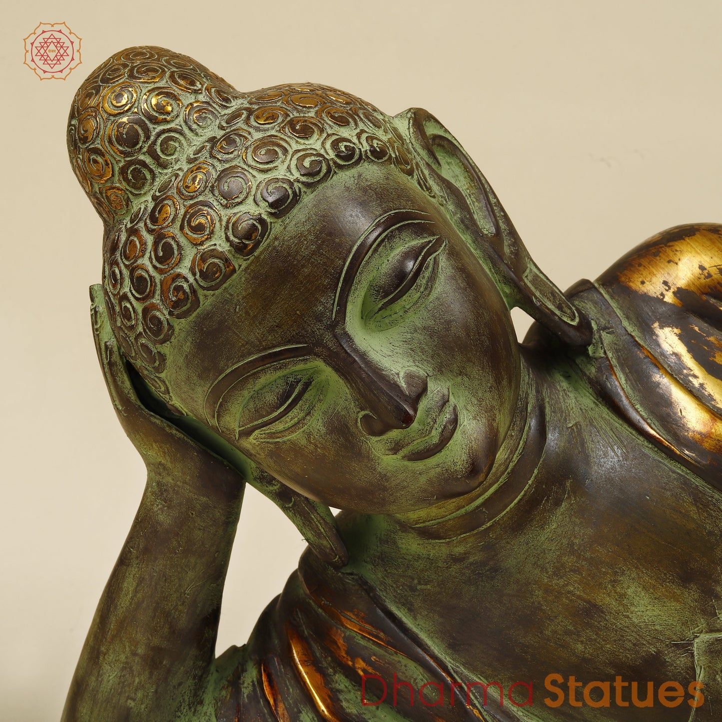 Brass Buddha in Resting Posture, Antique & Golden Finish, 11"