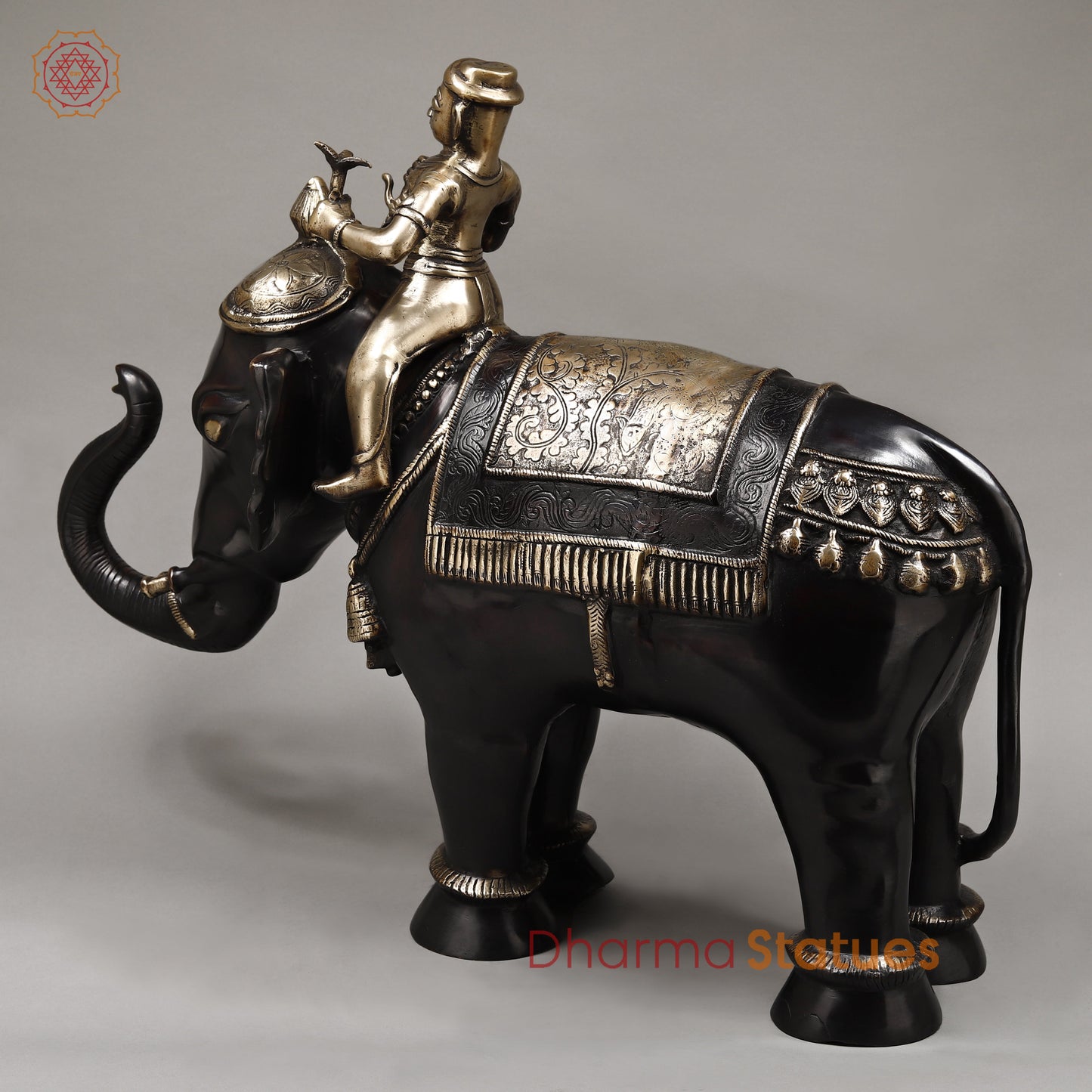 Brass Elephant with Rider, Black Patina & Golden Finish, 24"