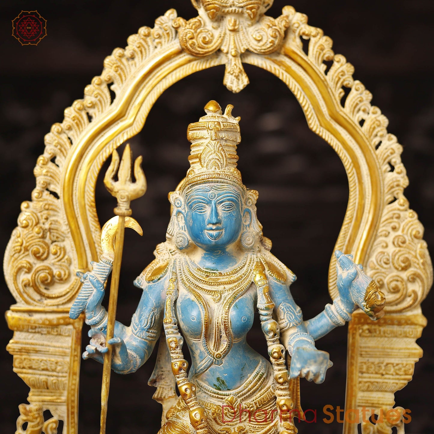 Brass Kali Idol- Handcrafted Brass Goddess Kali, Turquoise Finish 21"