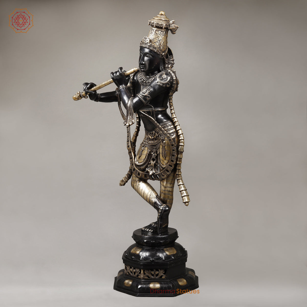 Brass Krishna With Ornated Mala, Royal Black Finish 45"