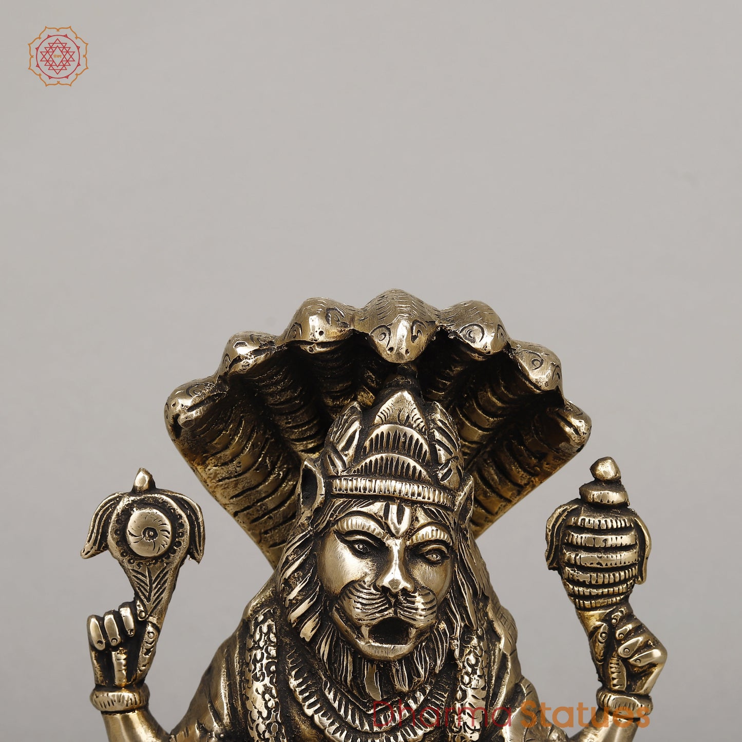 Brass Narasimha, Killing Hiranyakashipu On Throne with Sheshnaag, Fine Golden Finish, 9"