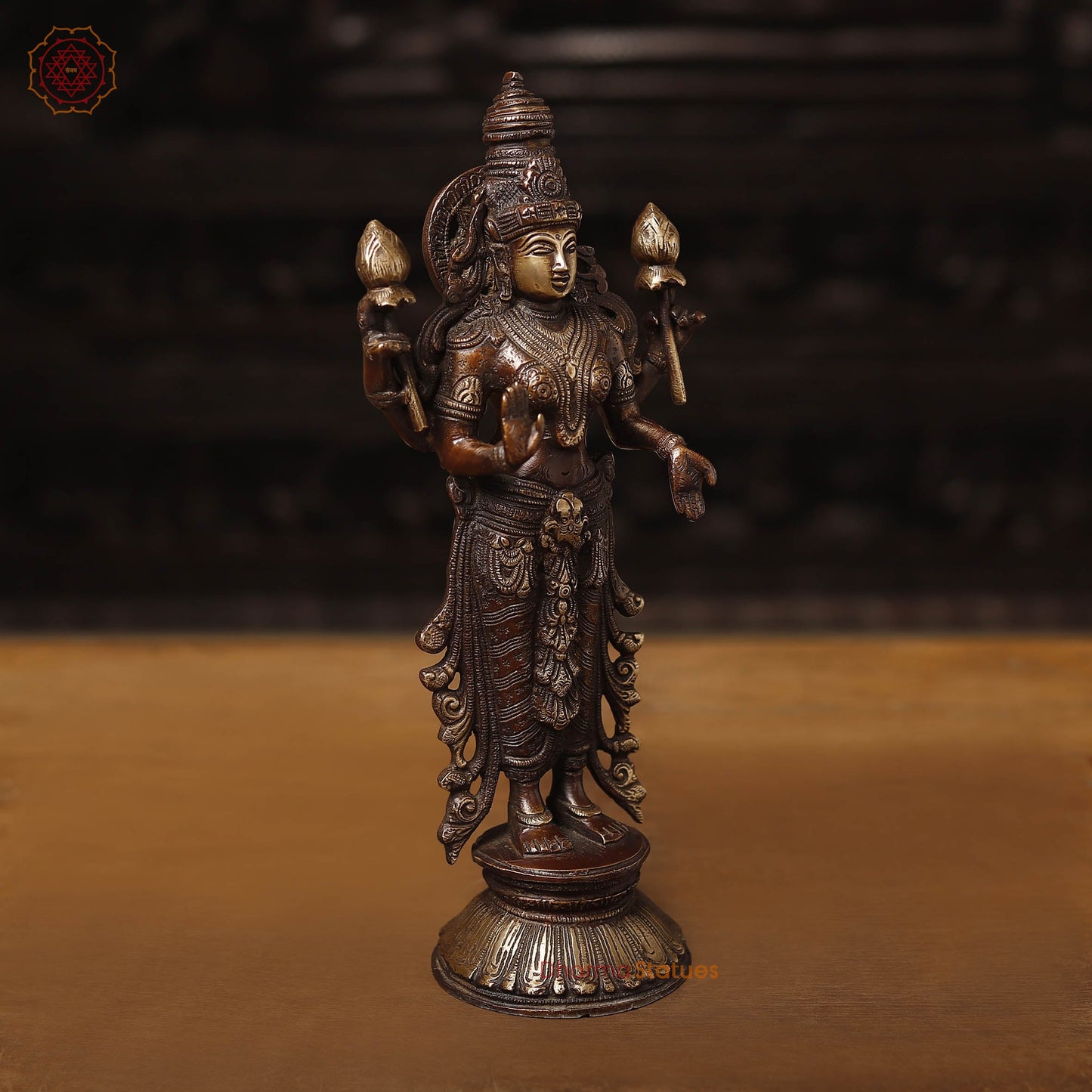 Brass Lakshmi Idol, Radiant Wealth Embodiment, Gold and Copper Finish. 12.5"