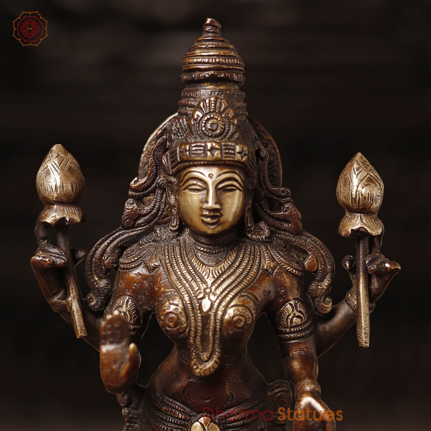 Brass Vishnu Lakshmi Idol, Fine Copper & Golden Finish, 12.5"