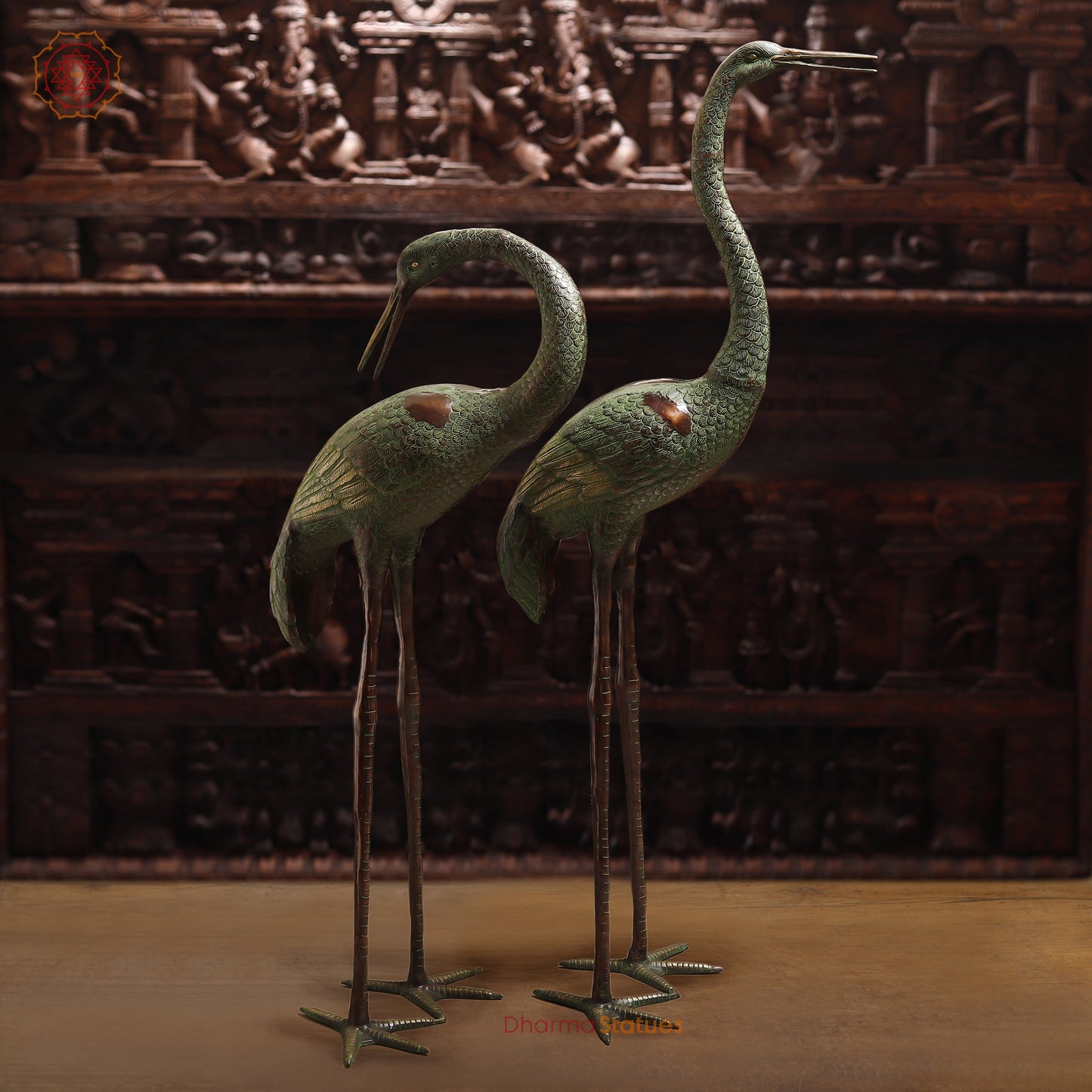 Brass Pair of Crane Bird, Green & Copper Finish, 58"