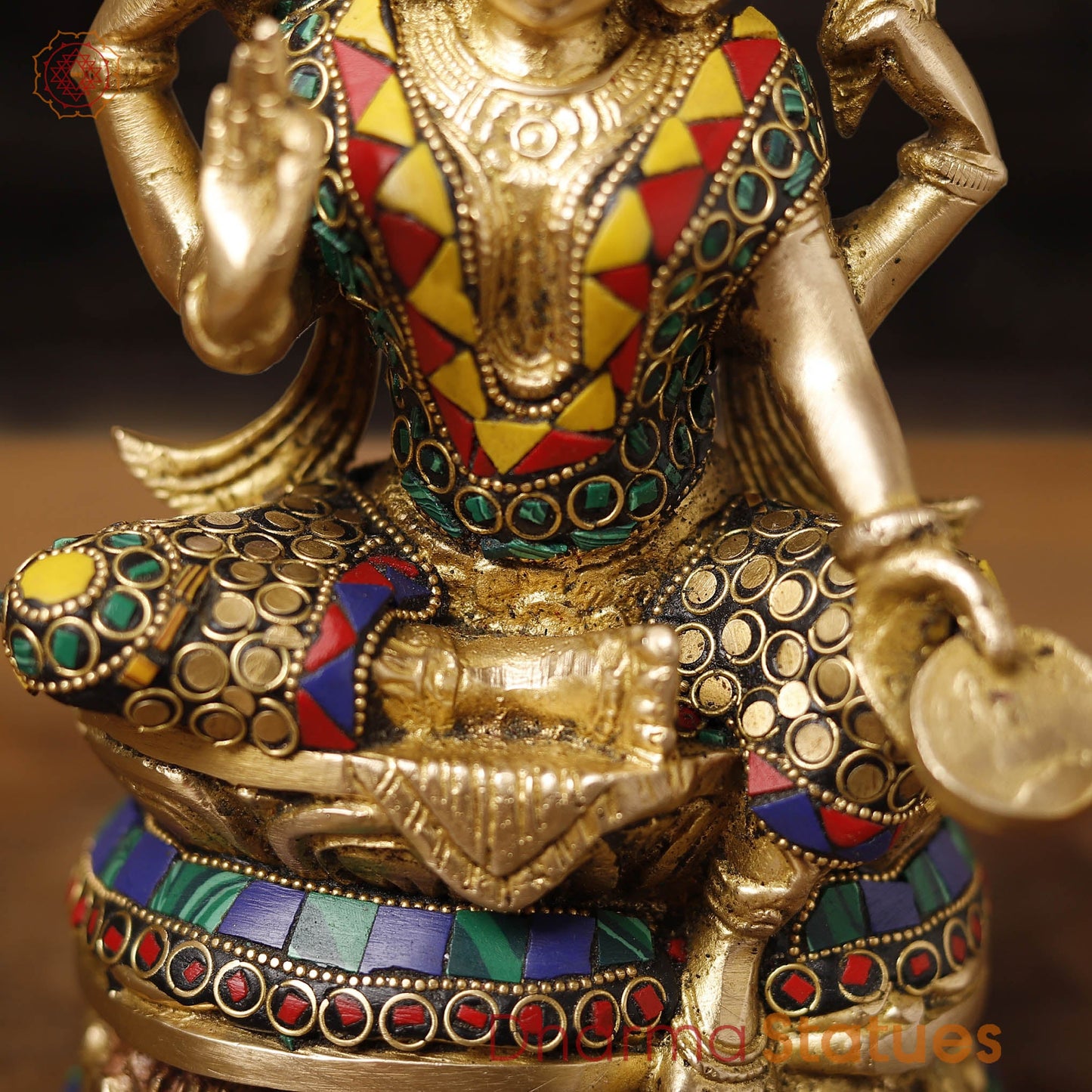 Goddess Lakshmi Brass Idol, Seated On Lotus, Golden Finish with Stone Work 8"