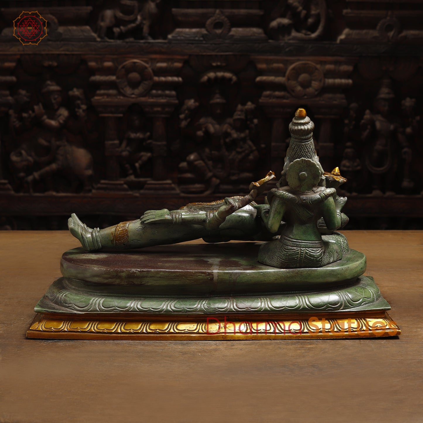 Brass Vishapaharna Lord Shiva Resting in Parvati’s Embrace, Green Patina with Golden Finish, 12"