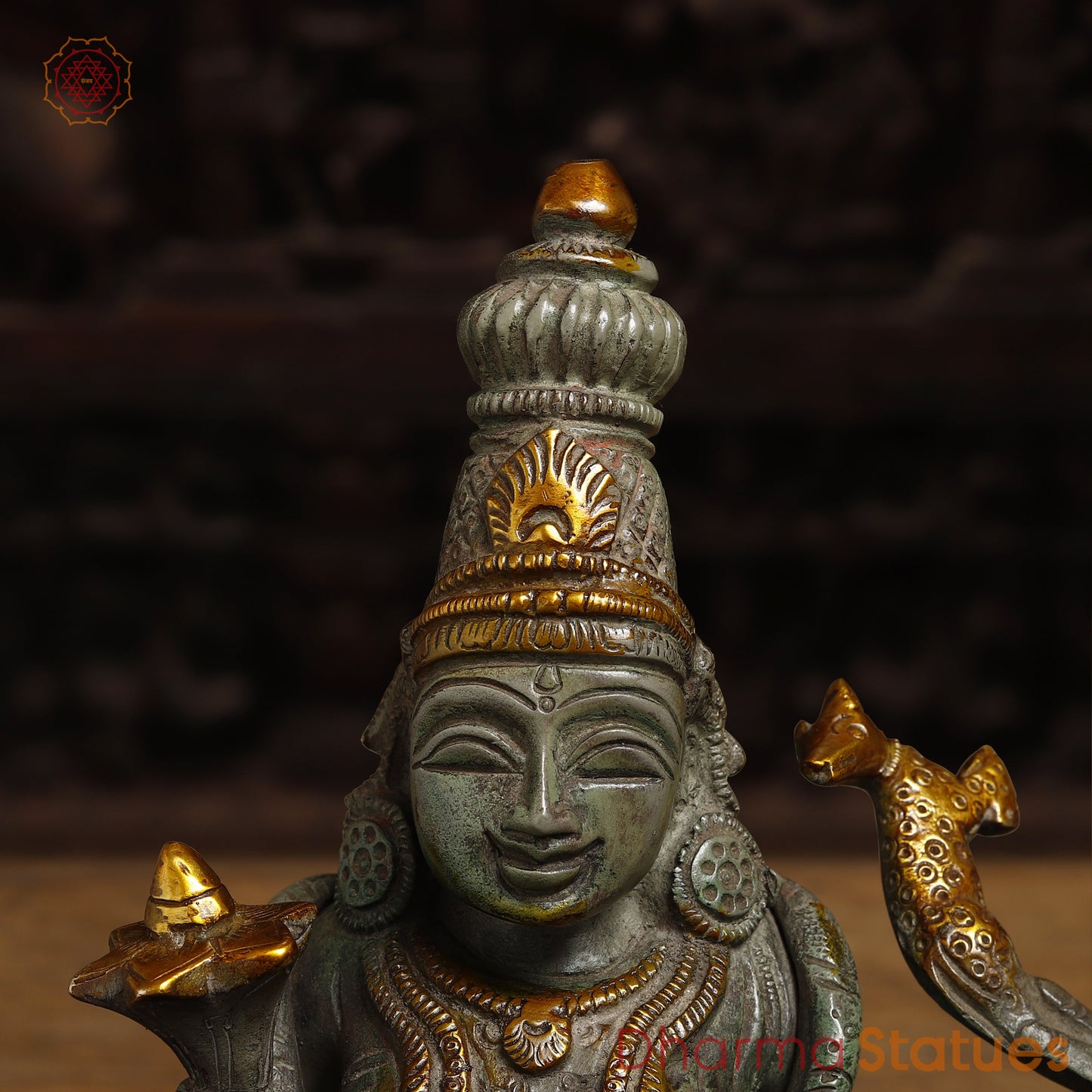 Brass Vishapaharna Lord Shiva Resting in Parvati’s Embrace, Green Patina with Golden Finish, 12"