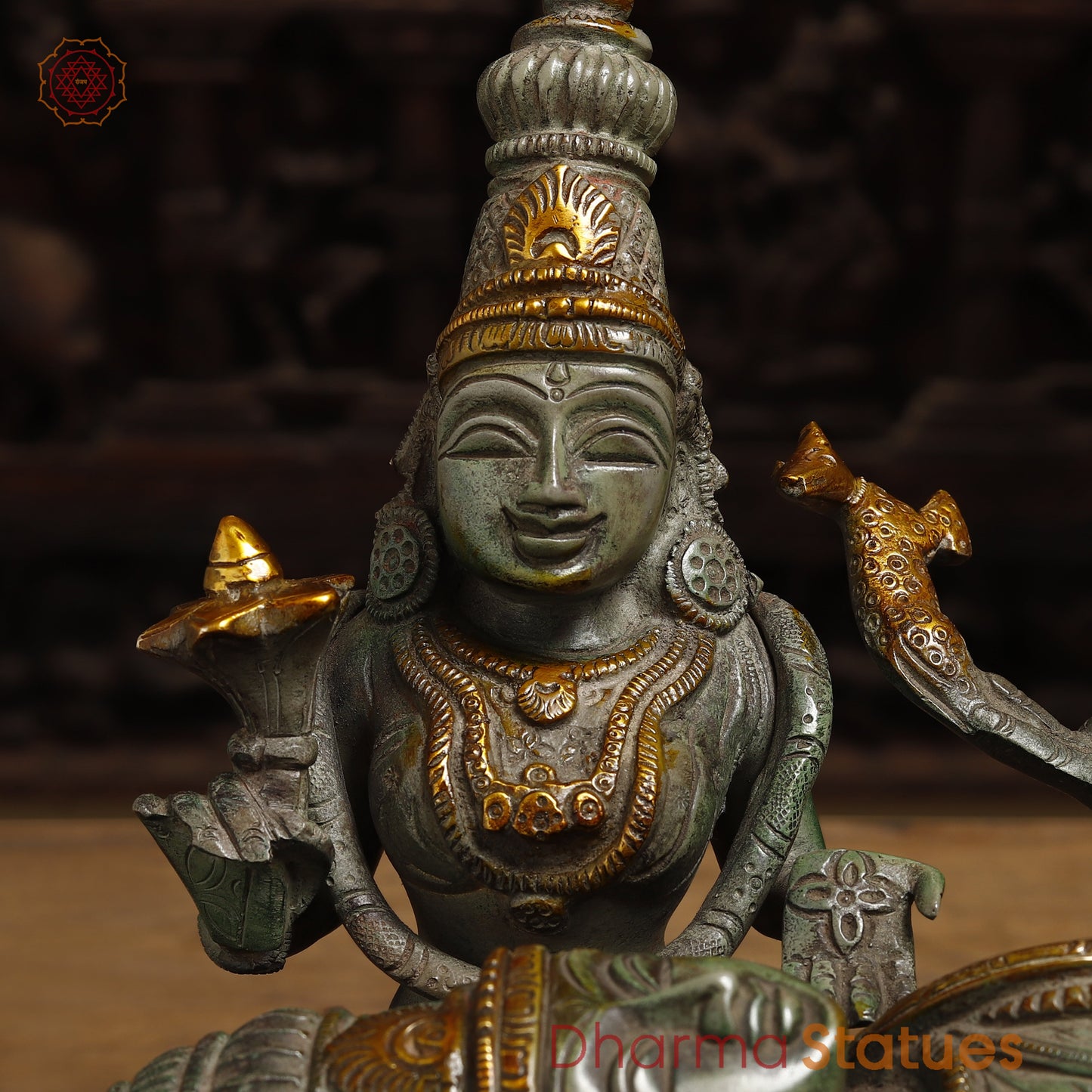 Brass Vishapaharna Lord Shiva Resting in Parvati’s Embrace, Green Patina with Golden Finish, 12"