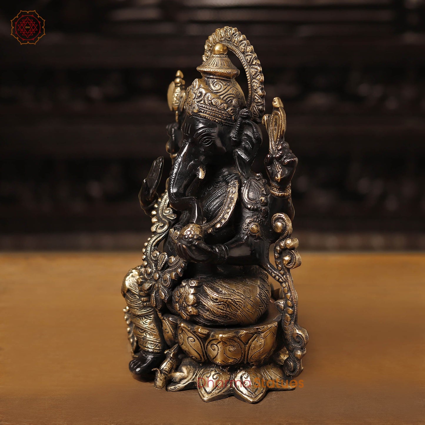 Brass Ganesh Sitting on a Lotus Flower, Black Gold, 12"