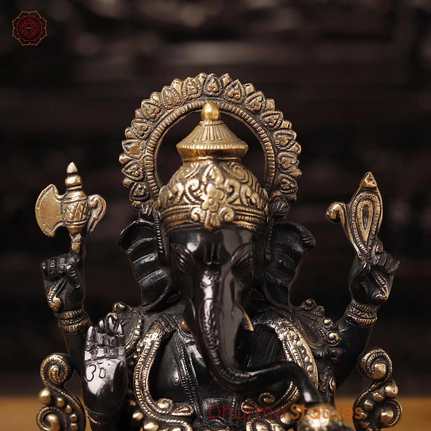 Brass Ganesh Sitting on a Lotus Flower, Black Gold, 12"