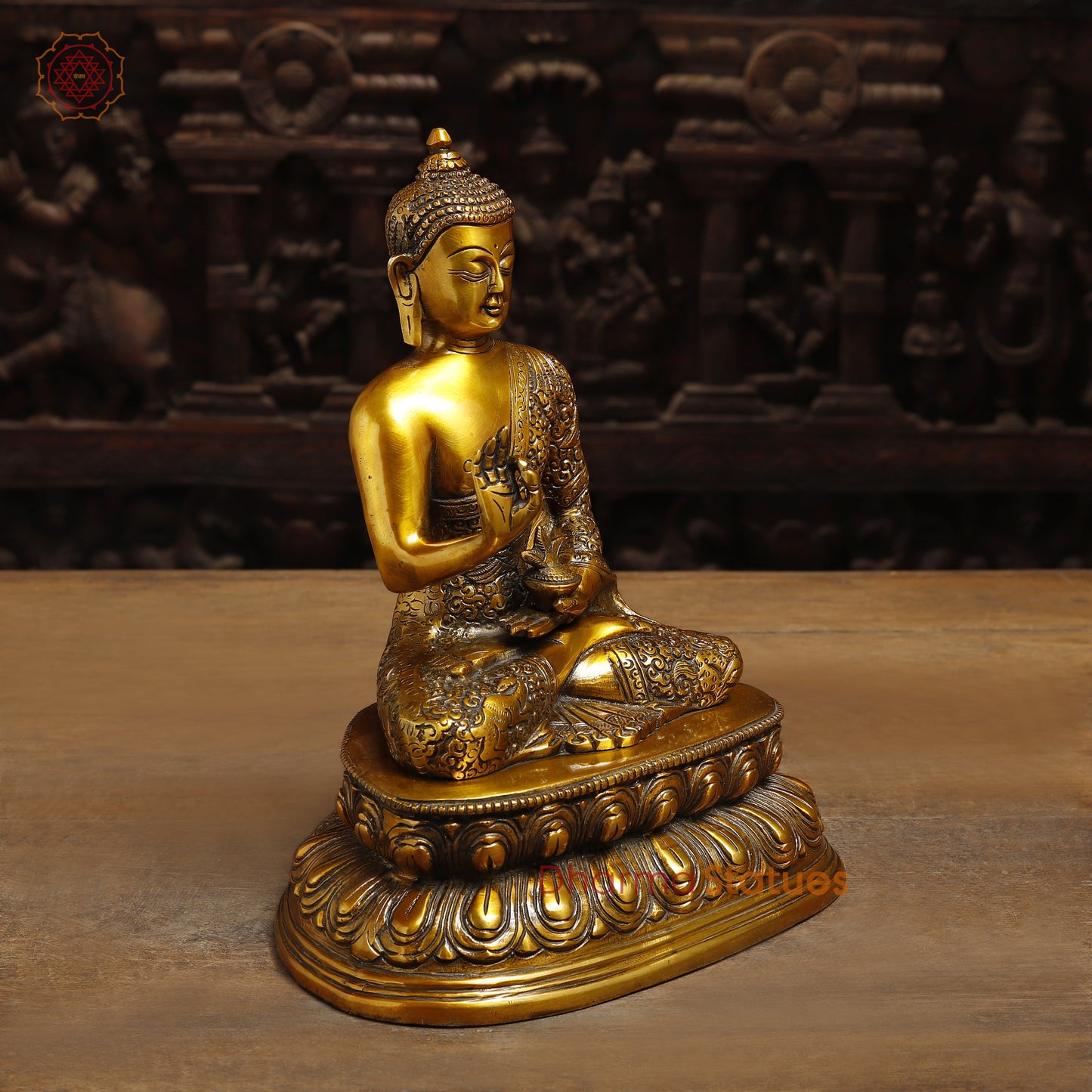Brass Lord Buddha seated in Blessing Posture, Fine Golden Finish, 11"