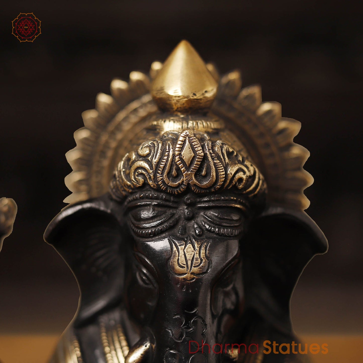 Brass Ganesh Seated on Base, Black & Gold 9"