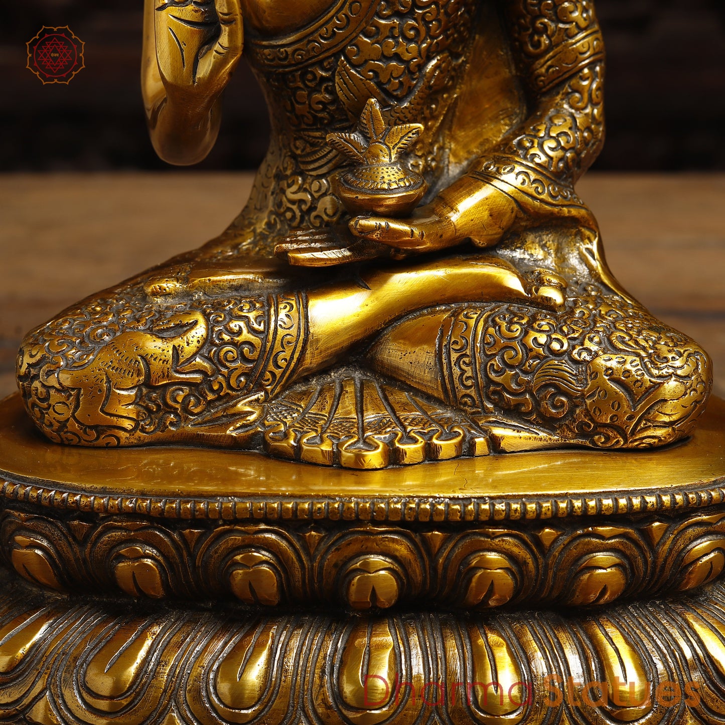 Brass Lord Buddha seated in Blessing Posture, Fine Golden Finish, 11"