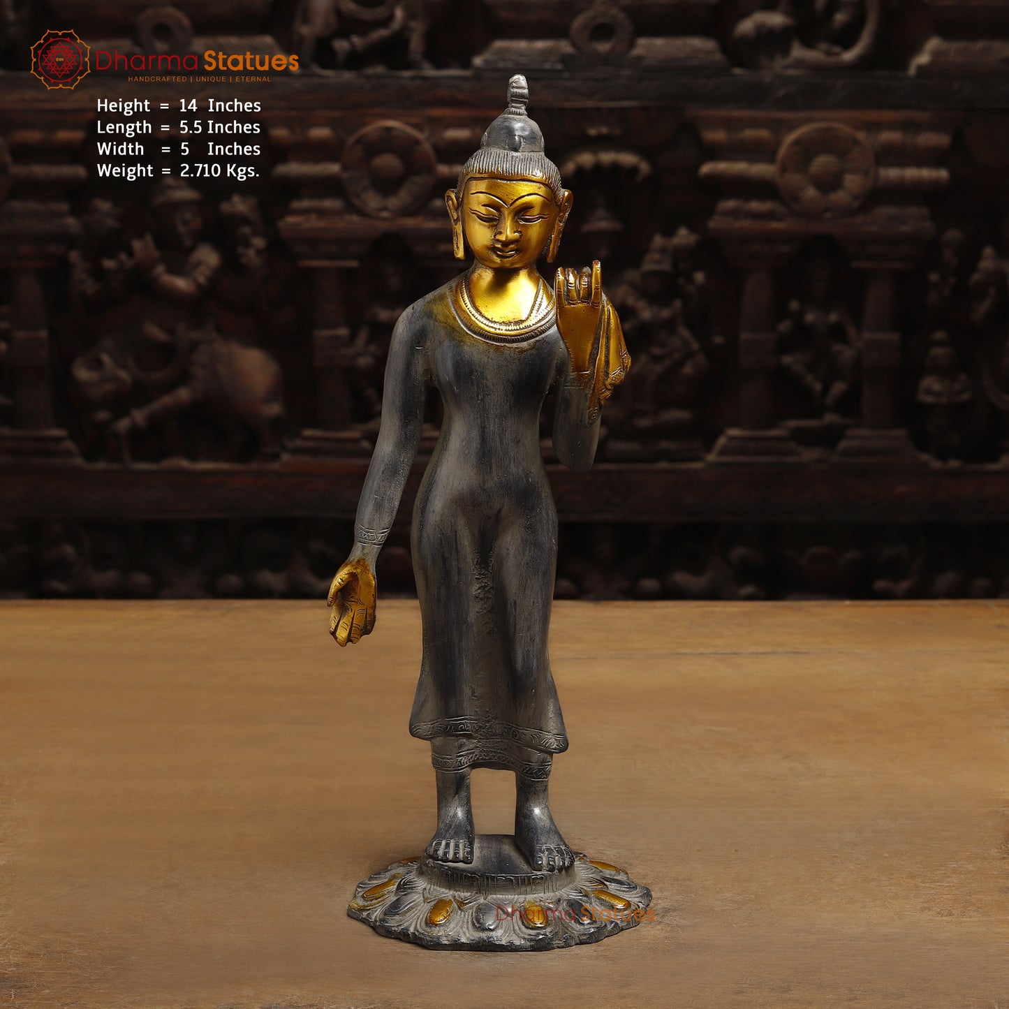 Brass Standing Thai Buddha, Grey & Golden Finish, 14"