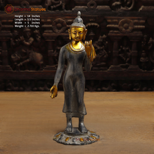 Brass Standing Thai Buddha, Grey & Golden Finish, 14"