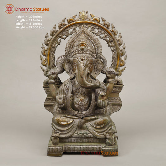 Brass Ganesh Seated With Rat frame, Green Antique Finish, 20"