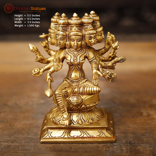 Brass Lakshmi Panchmukhi Statue, Sitting on a Lotus, Fine Golden Finish, 5.5"