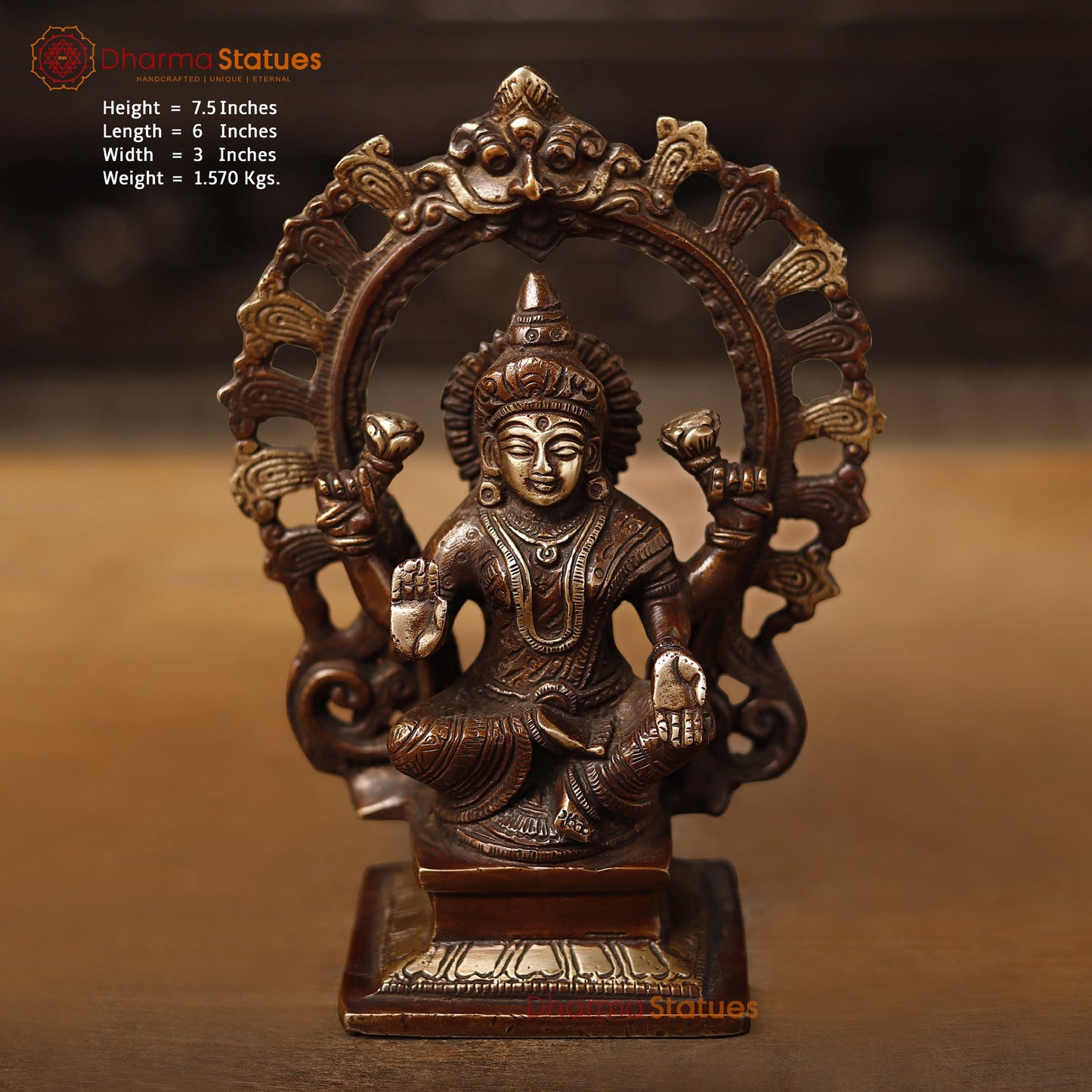 Lakshmi Brass Statue, Goddess Of Fortune, Sitting on a pedestal, Copper and Gold, 7.5"