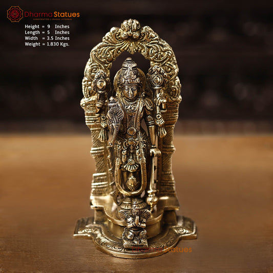 Brass Vishnu Statue, Blessing Posture, Fine Golden Finish 9"