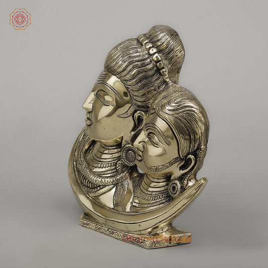Brass Shiva Parvati Face On Moon  , Smooth Finish, 9.5"