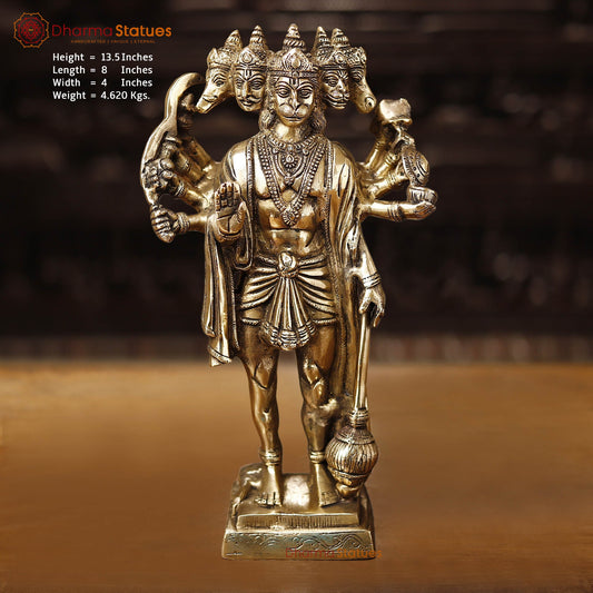 Brass Panchmukhi Hanuman, The Brass Statue Shows lord Hanuman. 13.5" Front View