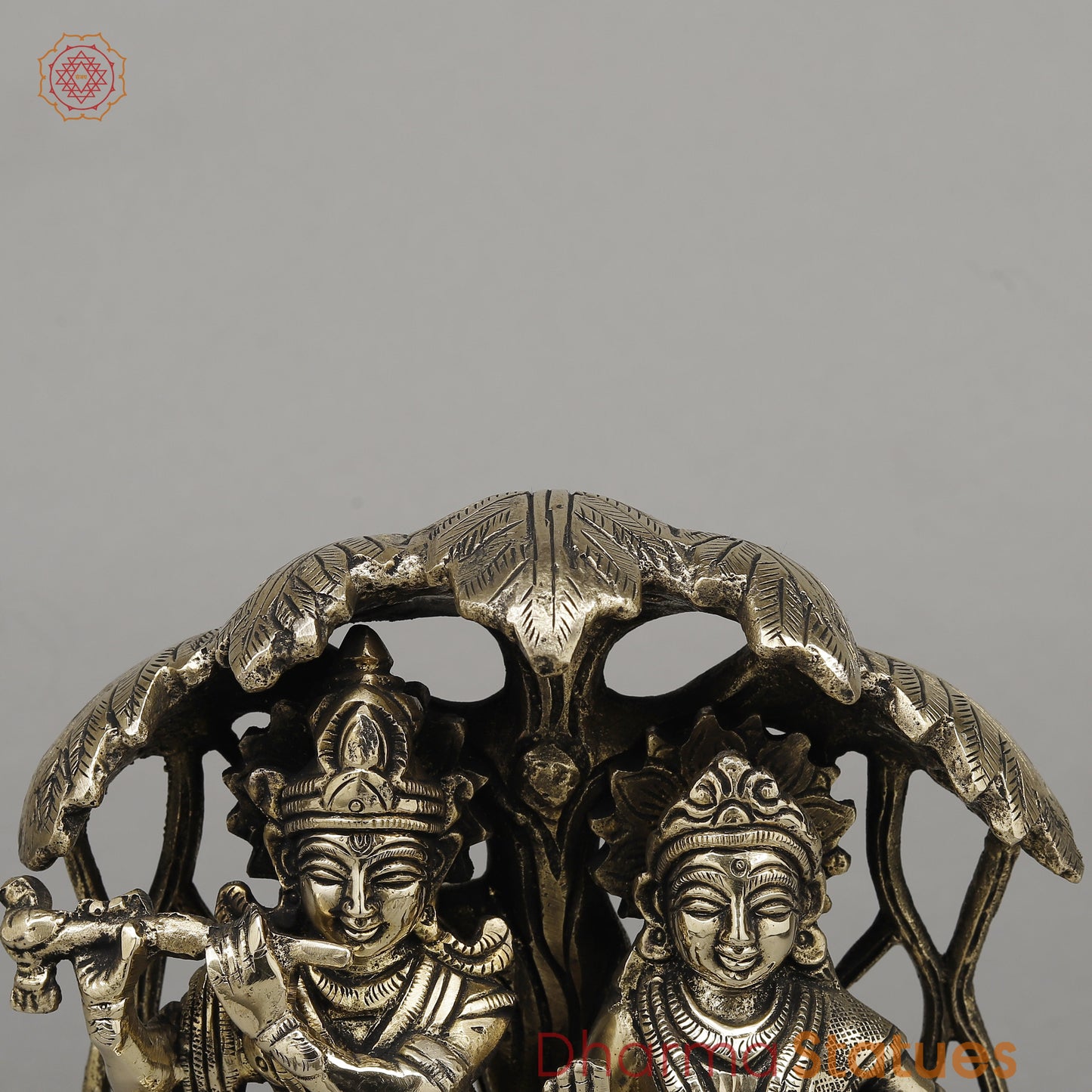 Brass Radha Krishna Playing Flute Under Tree with Peacock, Fine Golden Finish, 7.5"