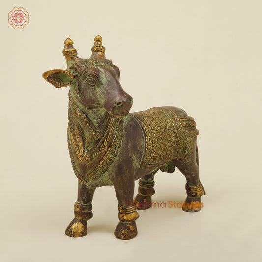 Brass Nandi Standing, Green Patina Finish with Golden Accent, 11"