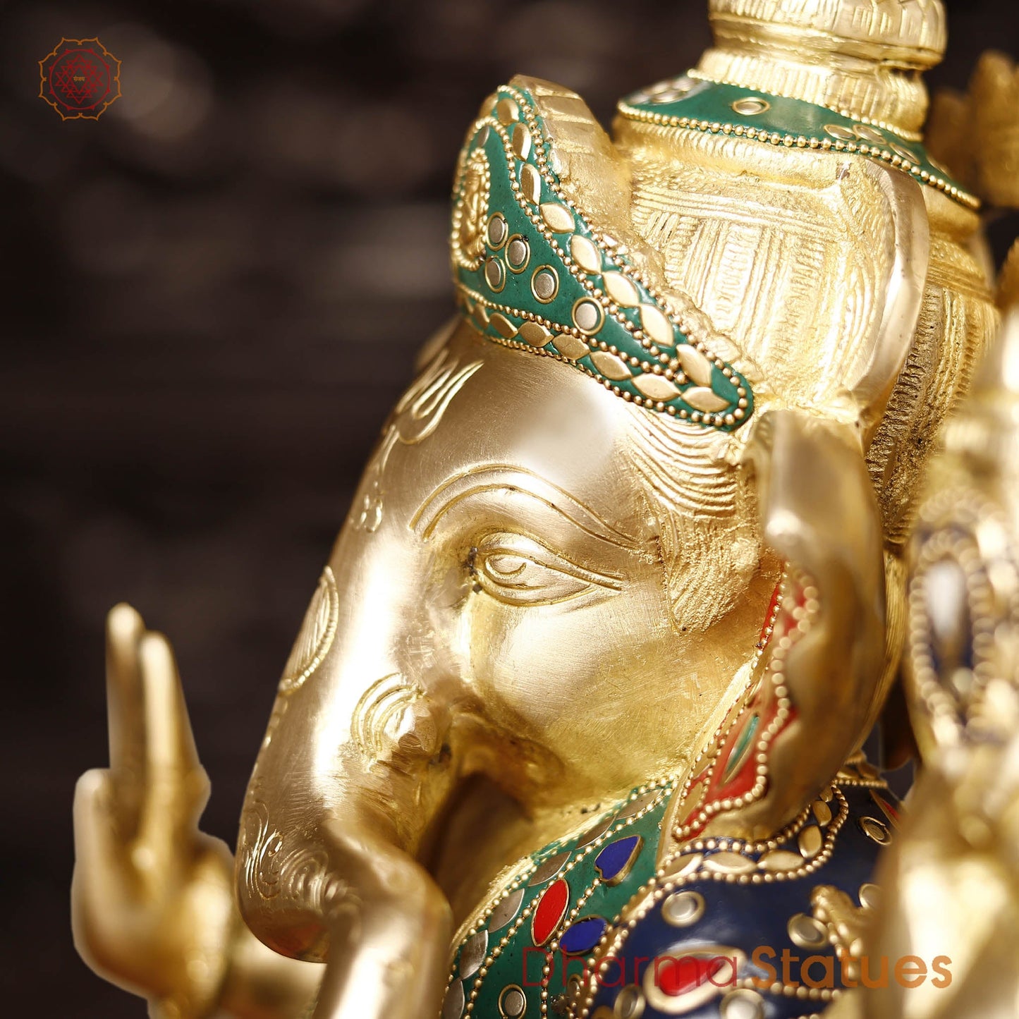 Brass Ganesh Seated, golden and stone work, 13.5"