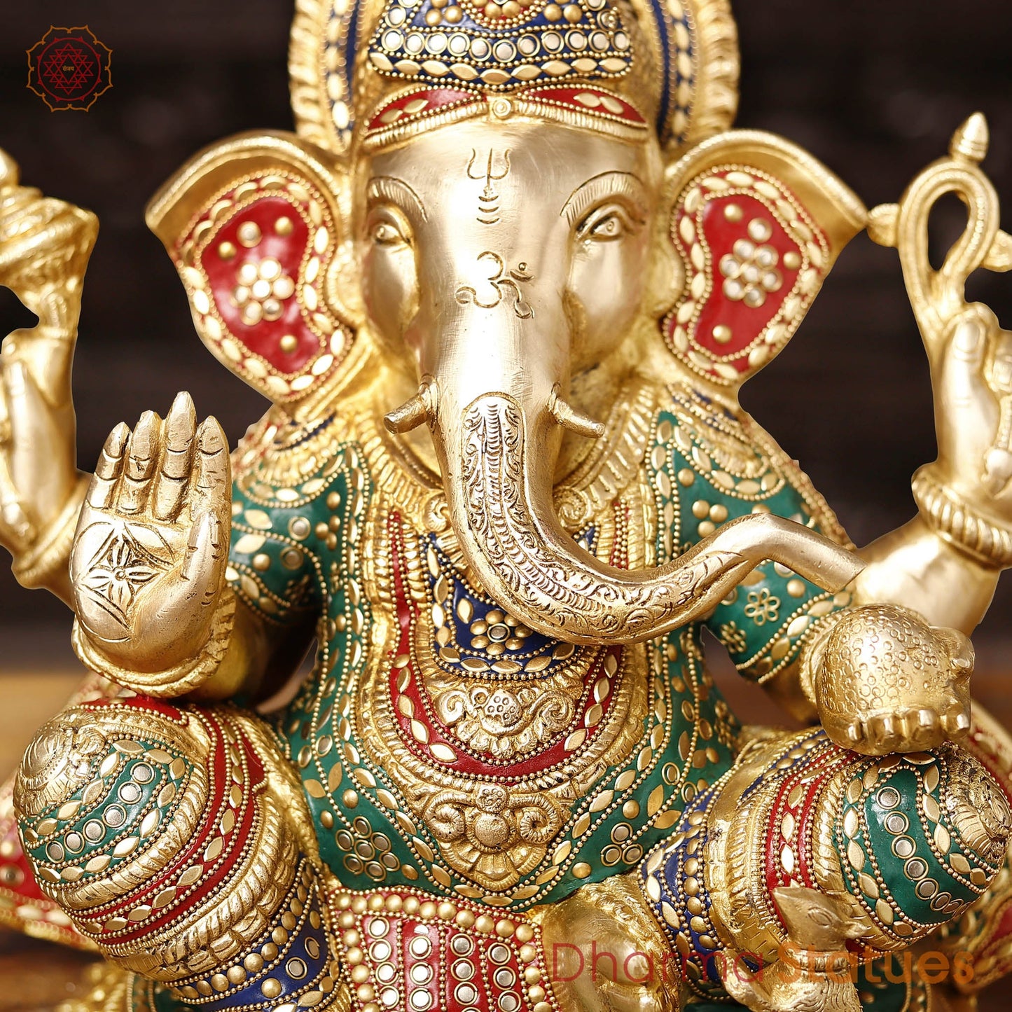 Brass Ganesh Sitting On Lotus Base, Golden Finish & Stonework, 13.5"