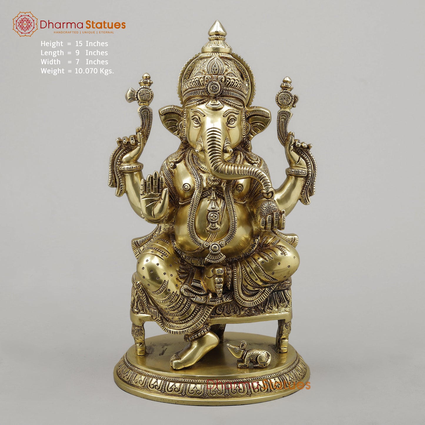 Brass Ganesh on Chowki Base with Rat, Fine Golden Finish, 15"