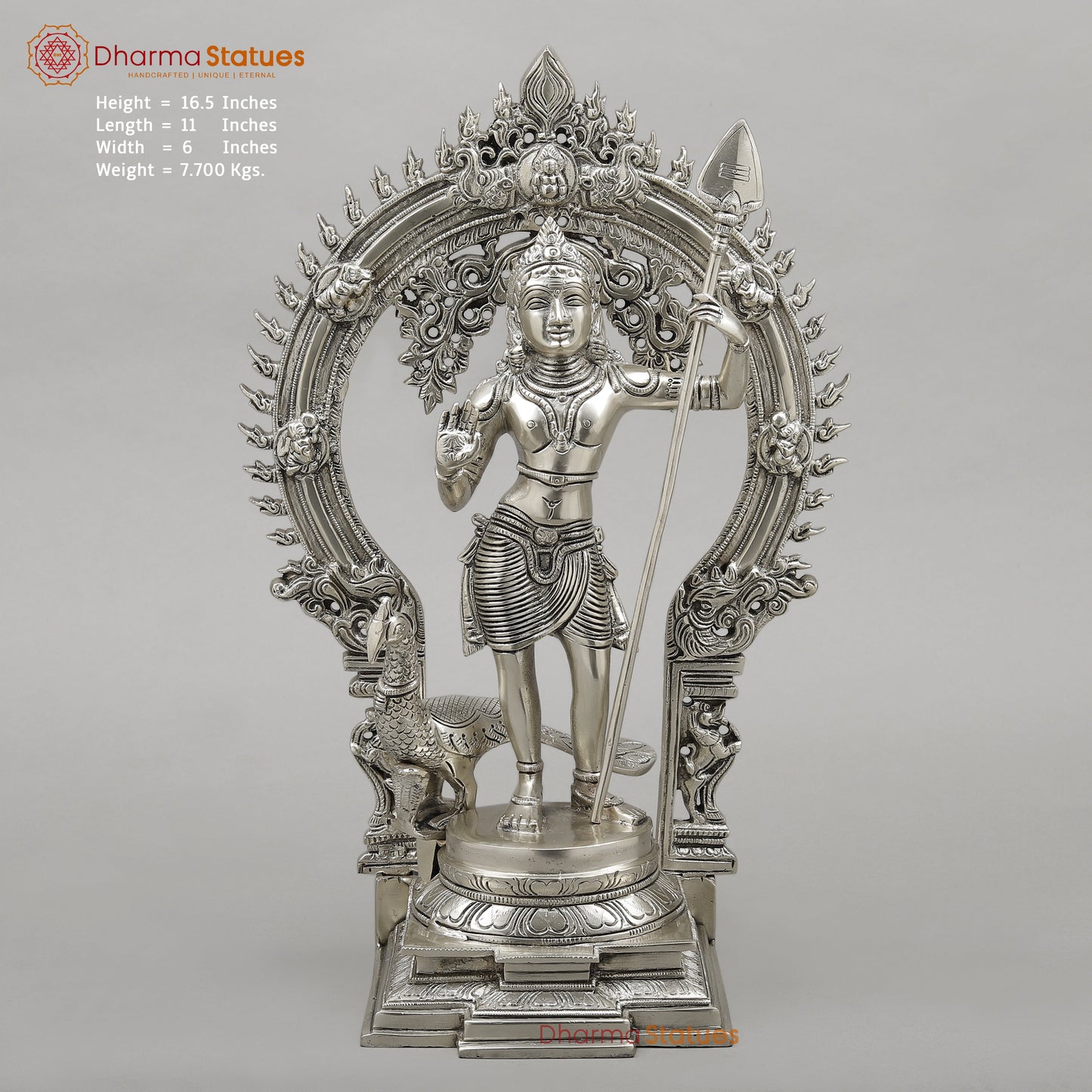 Brass Kartik with Peacock & Frame, Silver Finish, 16.5"