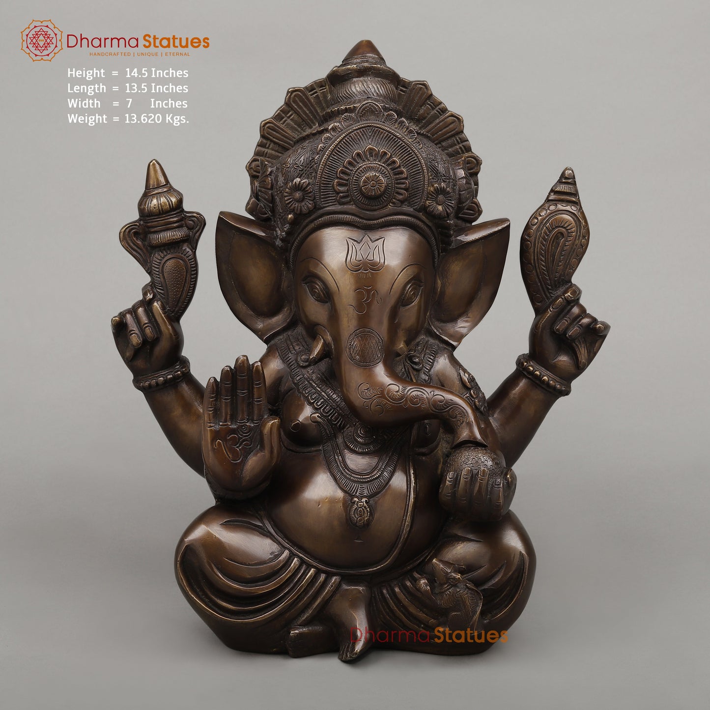 Brass Ganesh seated in Blessing Posture, Copper Finish, 14.5"