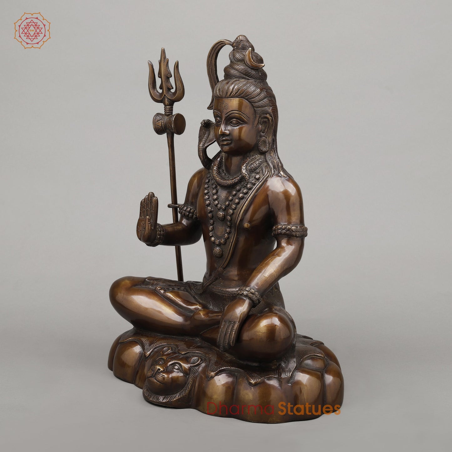 Brass Shiva Seated in Blessing Posture with Trishul, Copper Finish, 17.5"