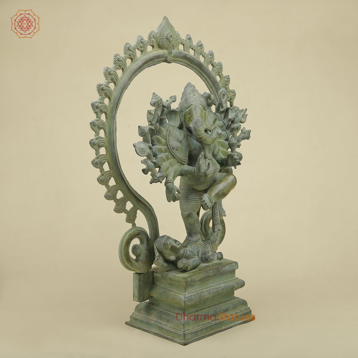 Brass Dancing Ganesh with Many Arms & Frame, Green Patina Finish, 25"