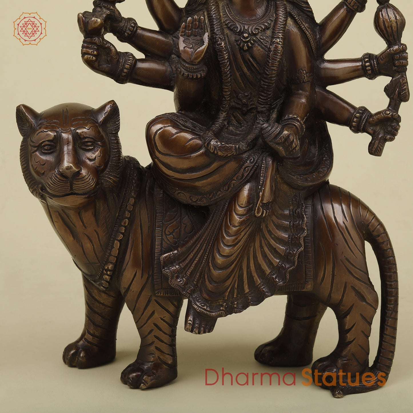 Brass Durga with 8 Arms, Copper Finish, 12.5"