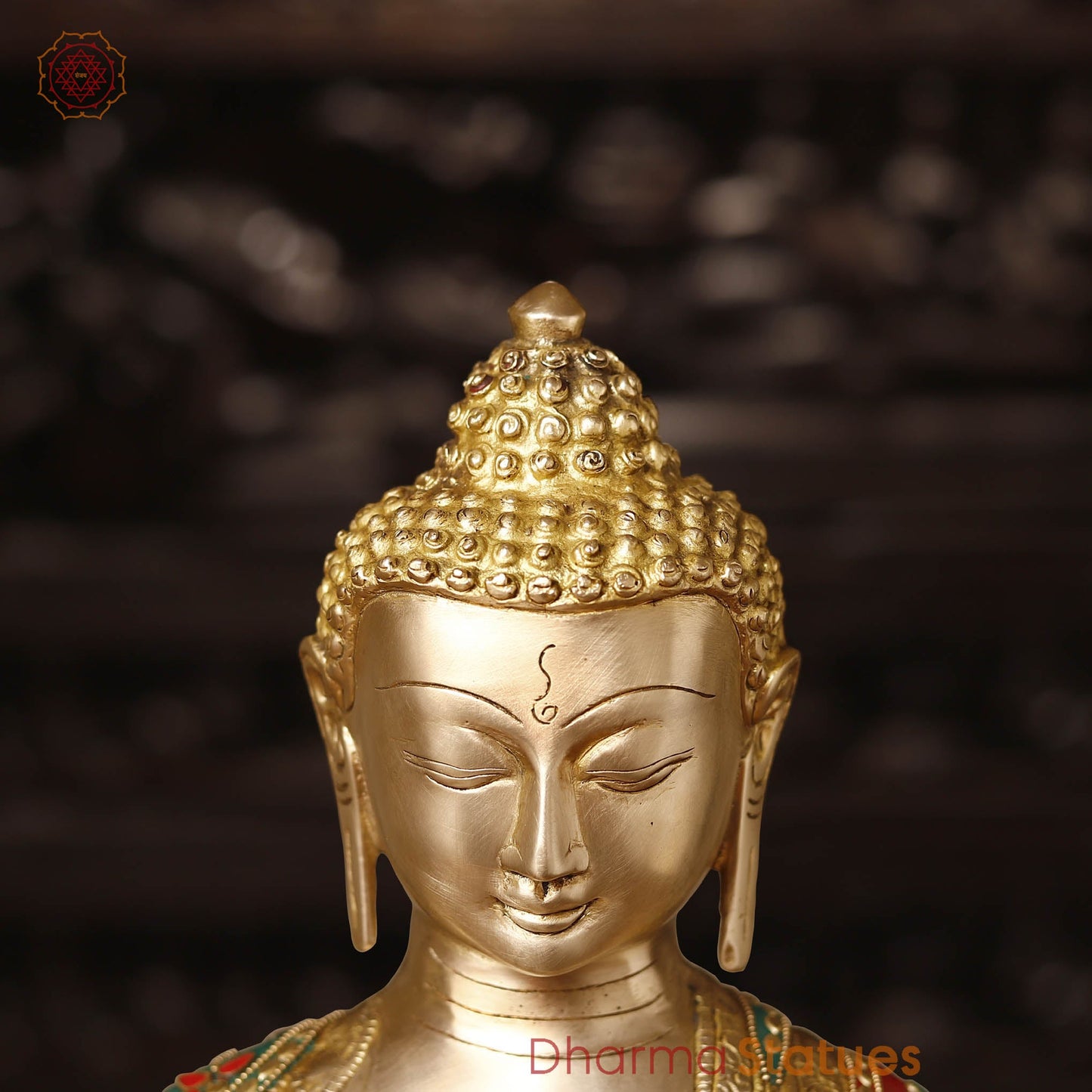Brass Buddha Seated In Blessing Posture with Stone Work 20.5"
