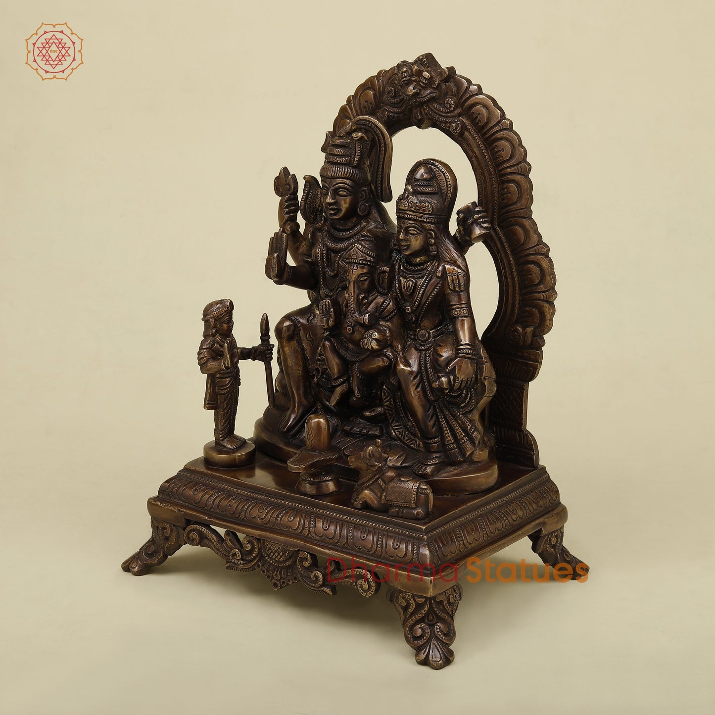 Brass Shiva Parivar Pedestal Sculpture, Copper Finish, 12"