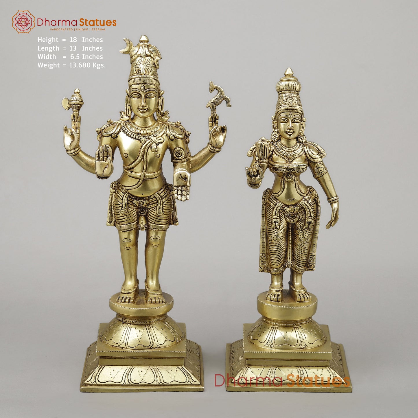 Brass Shiva & Parvati Standing on Pedestal, Fine Golden Finish, 18"