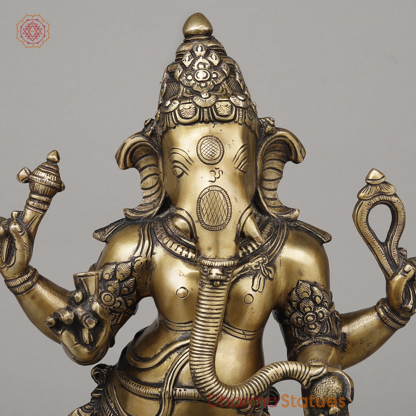 Brass Chaturbhuja Ganesha Standing, Fine Golden Finish, 19.5"