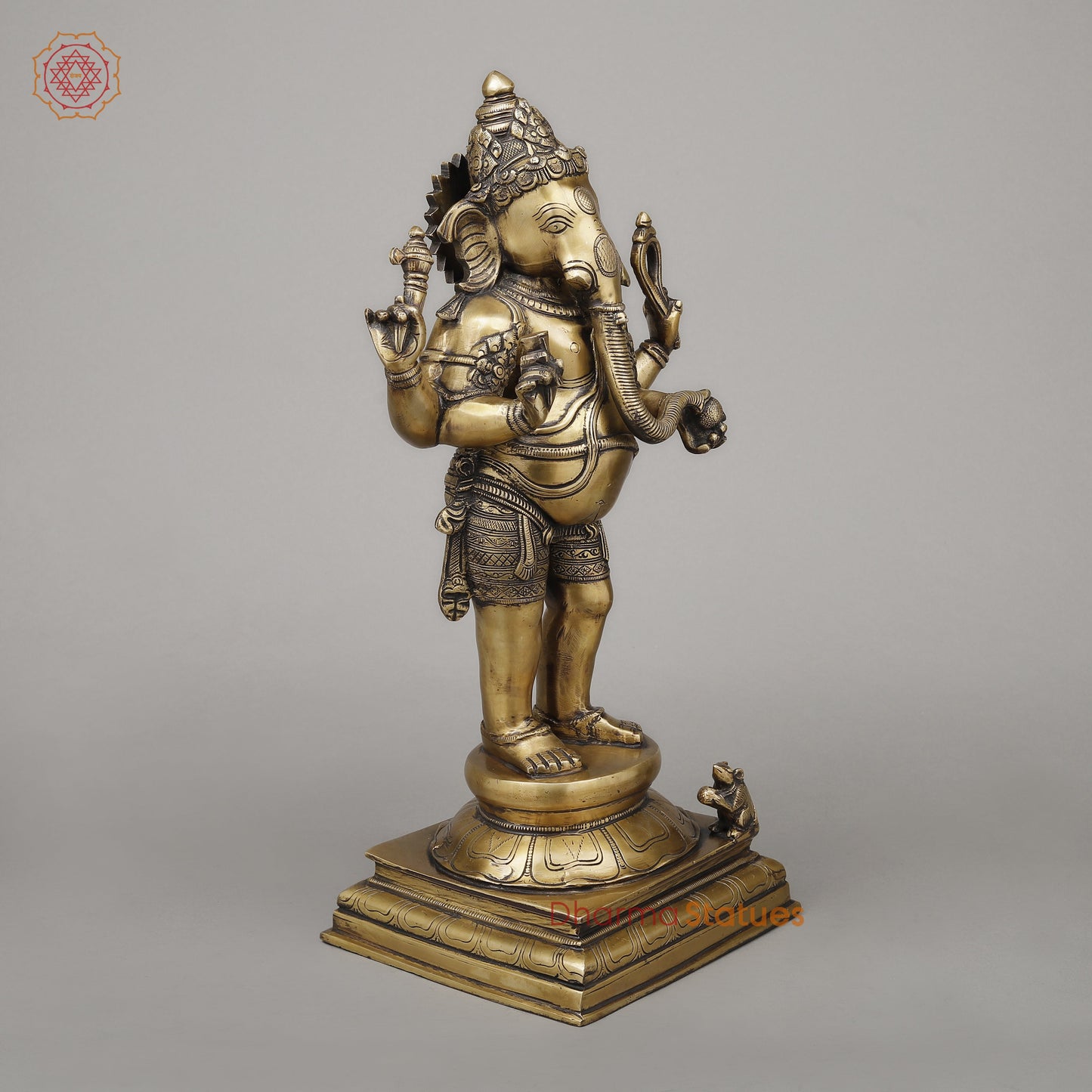 Brass Chaturbhuja Ganesha Standing, Fine Golden Finish, 19.5"