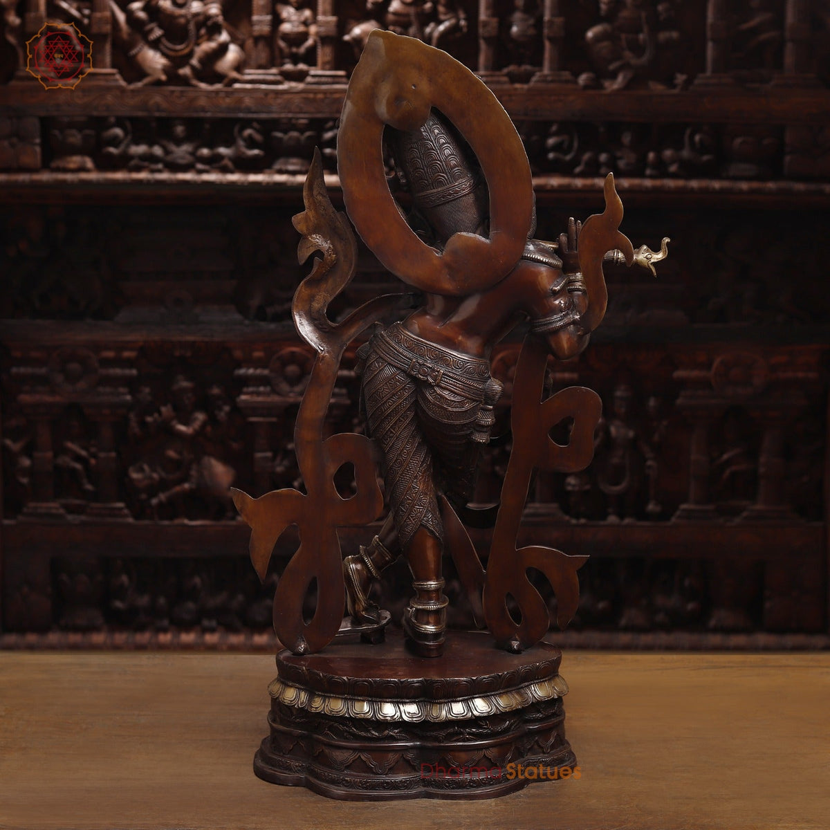 Brass Krishna Playing Flute, Rich Copper Finish, 35"