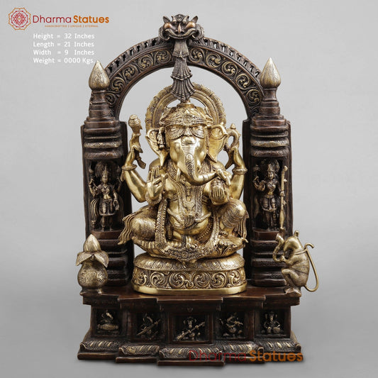 Brass Ganesh seated In Temple, Copper and Smooth Finish 32”