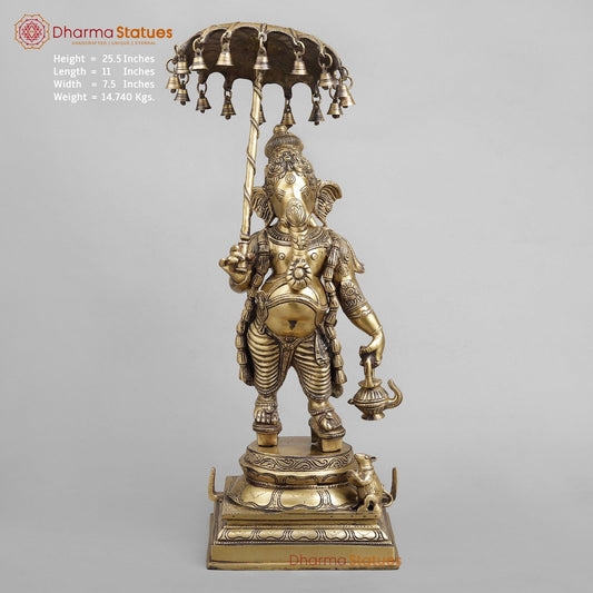 Brass Ganesh Standing Holding Umbrella, Antique finish 25.5”